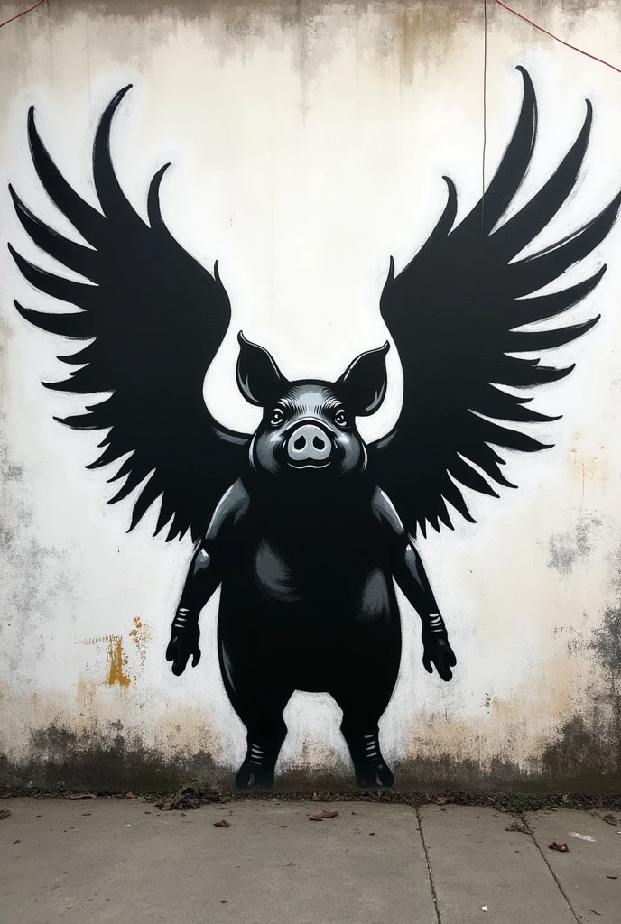 graffiti stencil art of an anthropomorphic pig with wings, black and white, simplistic, spray paint effect
