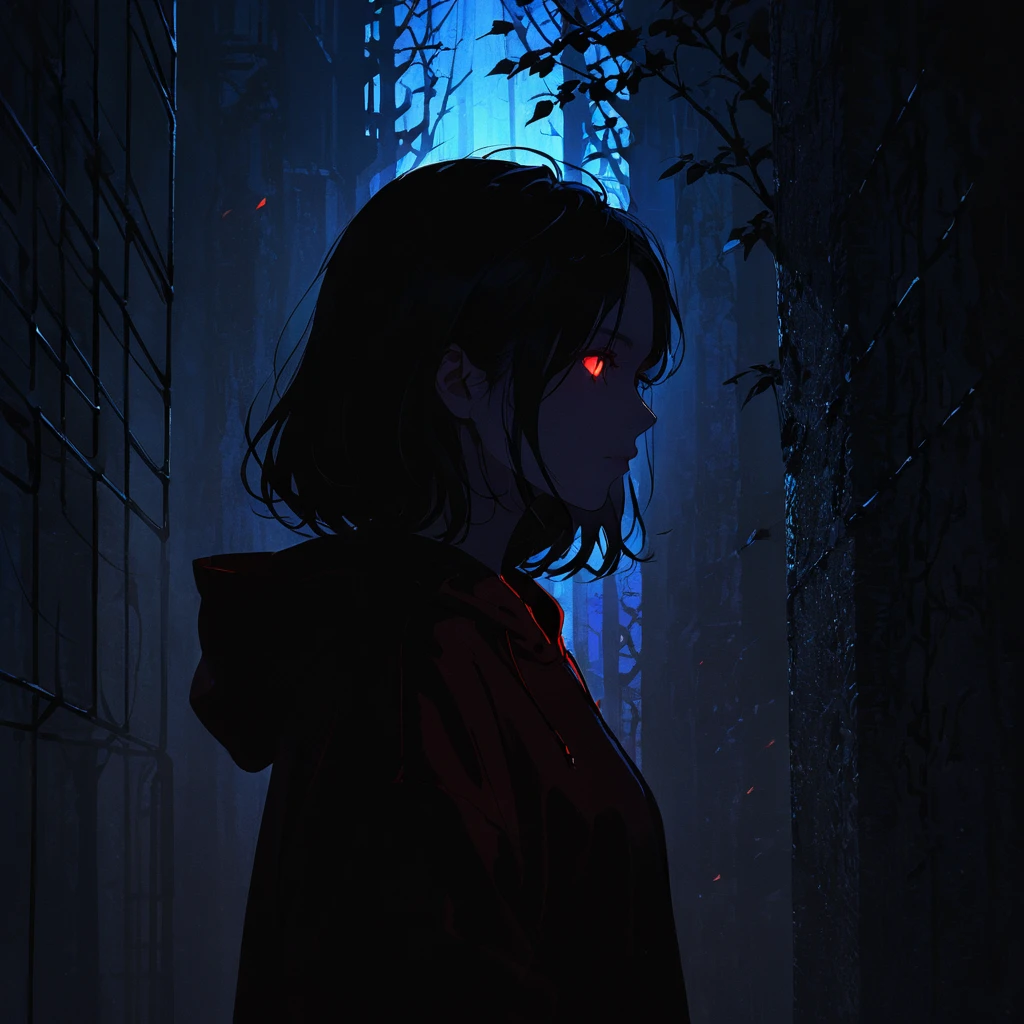 ,1 girl, Chopped plums,Standing on the top of the tower,alone,from below,, Hoodies, contour, , Low saturation,contour,darkness,(Rich lines background:1.8),Abstract Background, Detail glowing red eyes, (look at the scenery:1.5),girl with red eyes,(dark氣氛,shadow,contour,Minimalist style,dark,Very strong darkness:1.8),
