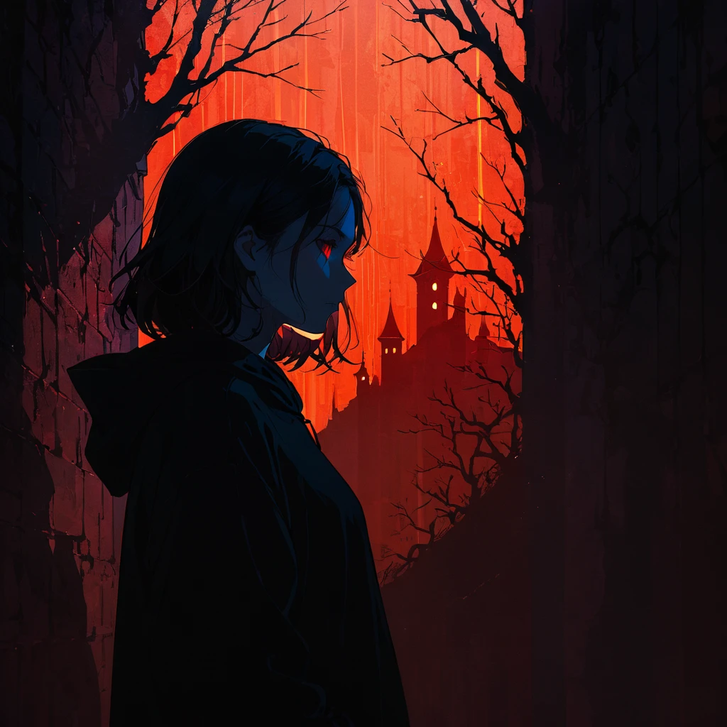 ,1 girl, Chopped plums,Standing on the top of the tower,alone,from below,, Hoodies, contour, , Low saturation,contour，darkness，(Rich lines background:1.8)，Abstract Background, Detail glowing red eyes, (look at the scenery:1.5),girl with red eyes,(dark氣氛，shadow，contour，Minimalist style，dark，Very strong darkness:1.8)，