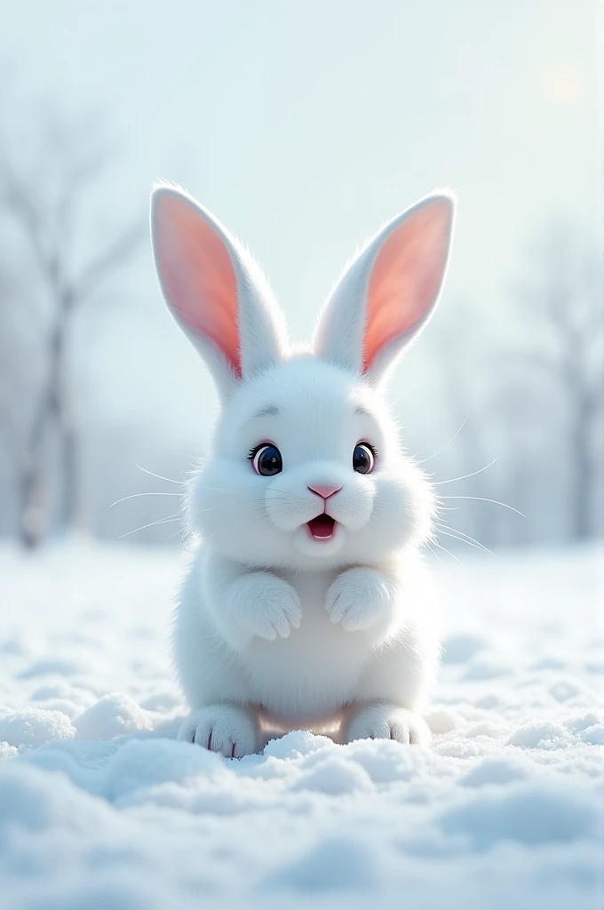 A white rabbit spooked in the white snow