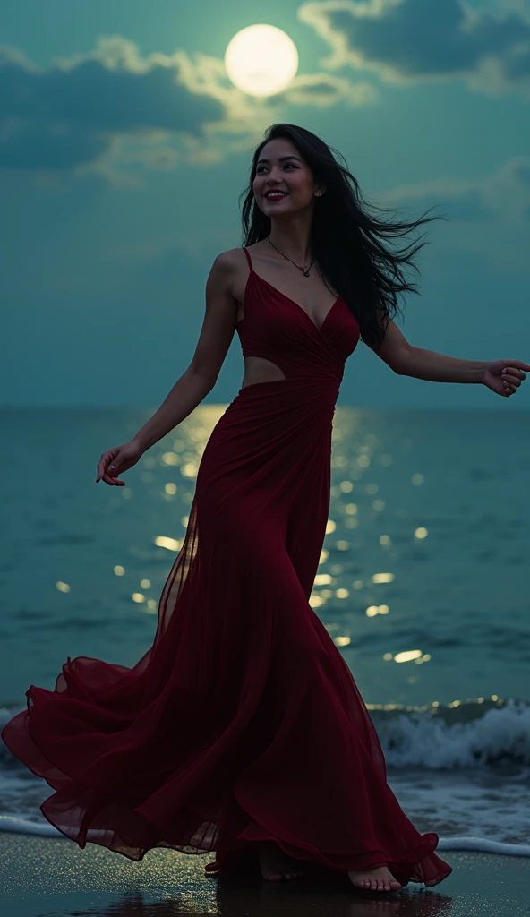 8K, ultra-realistic, hyper-realistic, photorealistic, masterpiece, ultra-detailed, natural lighting, HDR, professional rendering, sharp focus, true-to-life colors, textured surfaces: Create an image of a single, confident 2 Filipina woman with an hourglass body shape, slightly curvy, standing at 5'4". She has fair skin, long and thick hair, and a small heart-shaped face with subtle cheekbones and a rounded chin. Her nose is delicate, pointy, and . She is dancing on a seashore with the moonlight shining on the water, creating a shimmering reflection. She is wearing a sexy, slutty and alluring evening dress that hugs her curves, with a deep neckline, high slit, or sheer details to enhance the seductive look. The dress is in a rich, captivating color, such as deep burgundy, royal blue, or emerald green. The camera captures a dynamic and close-up shot of her mid-dance, with her movement showcasing the elegance and flow of her dress. One arm is gracefully extended, and her expression is joyful and enchanting, with a warm, genuine smile on her lips. The moonlight casts a gentle glow on the scene, adding a romantic and serene ambiance to the tranquil seashore setting.