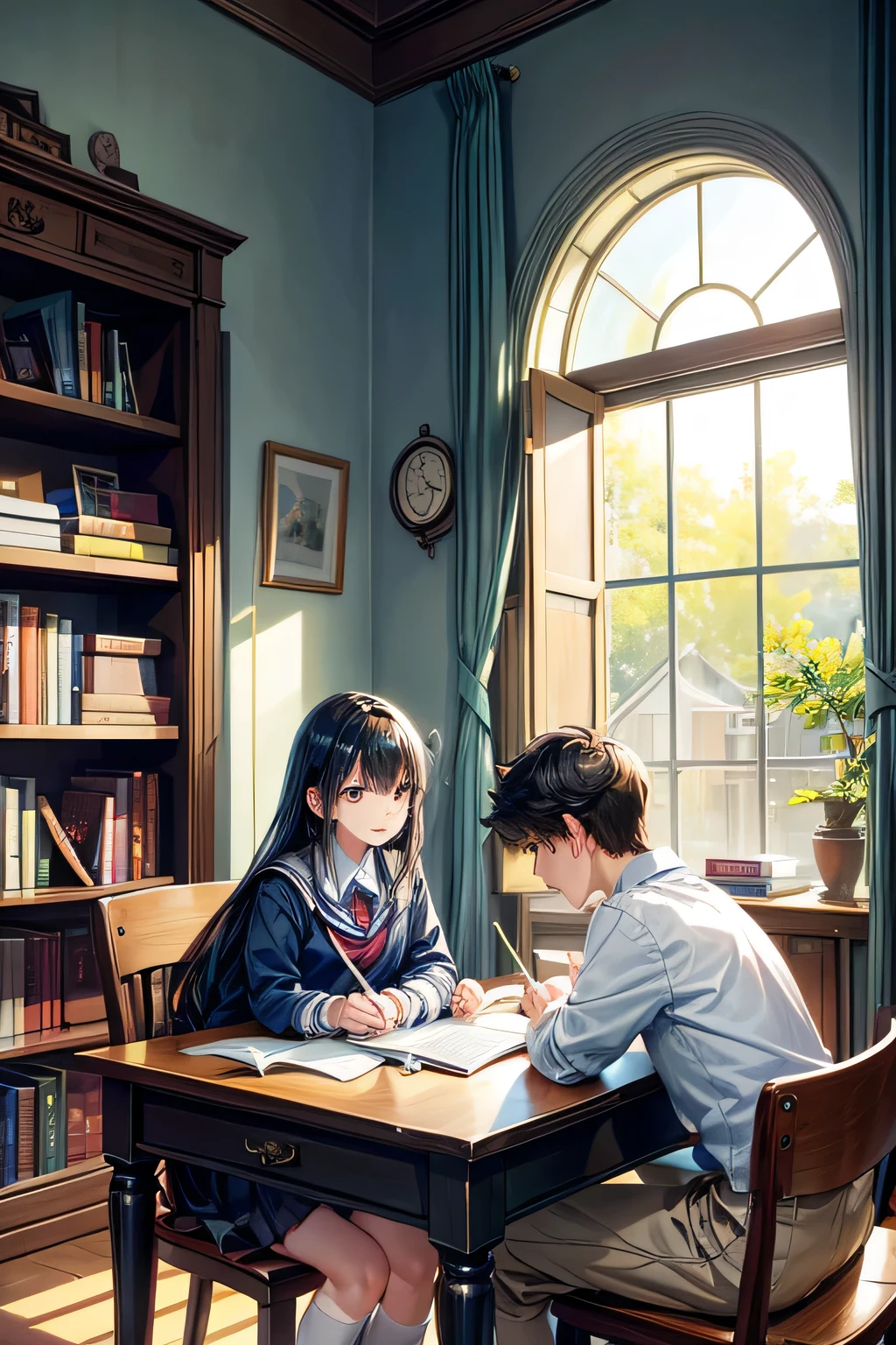 Create an anime-style image set in a bright and cozy library. The scene features two high school students, a boy and a girl, sitting side by side at a wooden desk. Both are wearing traditional Japanese high school uniforms—the boy in a white shirt with a tie and the girl in a sailor-style outfit. They are sitting side by side, with open books spread out on the desk in front of them, studying together. Both students are holding pens, writing something in their notebooks while looking at the books on the desk. They are smiling and enjoying each other's company. The scene is viewed from the front, showing their faces and the warm, soft light illuminating the space, creating a cheerful and pleasant atmosphere. In the background, large windows reveal a clear summer sky with vibrant blue colors, adding to the fresh and lively ambiance of the scene. The bookshelves filled with books further emphasize the library setting.