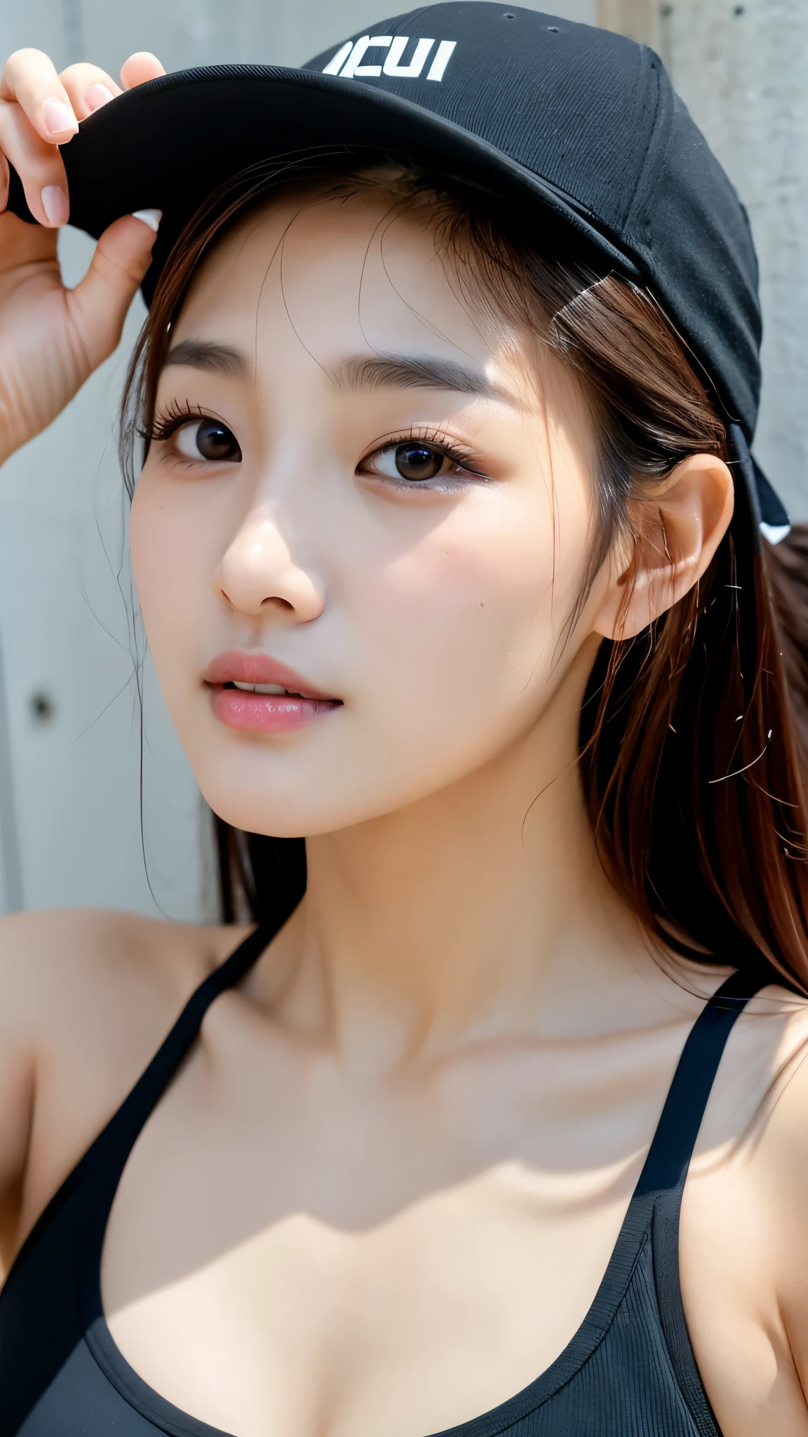 extreme close-up of beautiful beautiful korean female, 34 inch breasts size, wearing black sport bra, cap, holding water bottle, background ,UHD