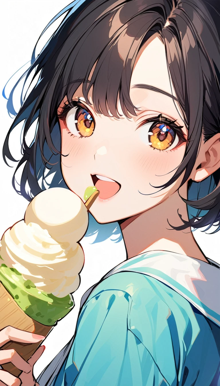 1woman, solo, short bob, black Hair, brown eyes, beautiful eyes, 18years old, eating a vanilla ice cream with relish, happy, wear blue jacket, looking at viewer, light lips, upper body, opened mouth, white background