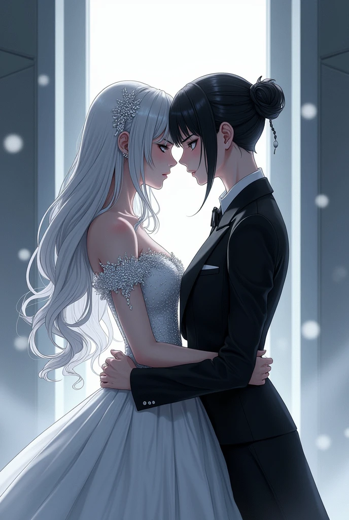 Sanakan and Cibo from Manga Blame! in a wedding dress), (sci-fi theme) suit black hair, dress striking silver hair, Futuristic atmosphere Emphasizes radiance pure atmosphere Intricate details of the outfit A soft but bright light shines from above. Intimate and romantic atmosphere Highly detailed, exceptionally detailed, cinematic quality, emotionally charged scenes.