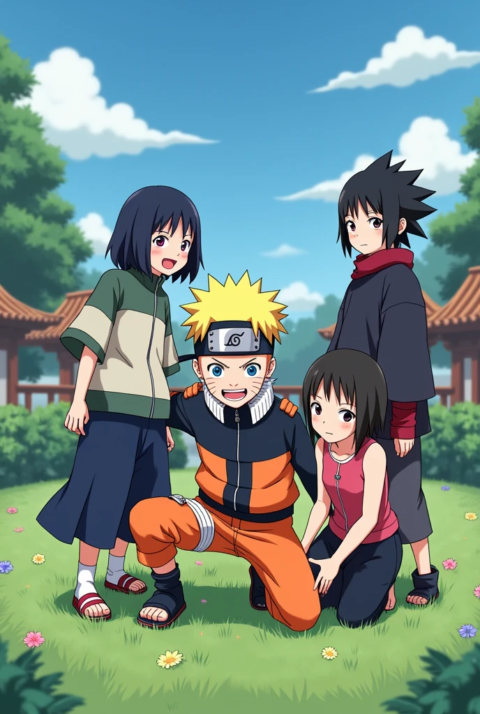 Create a Japanese anime style image from the anime Naruto. Being children. Con Naruto Uzumaki, Hinata Hyuga, Sasuke Uchiha, Shino Aburame and Shikamaru Nara. Posing.