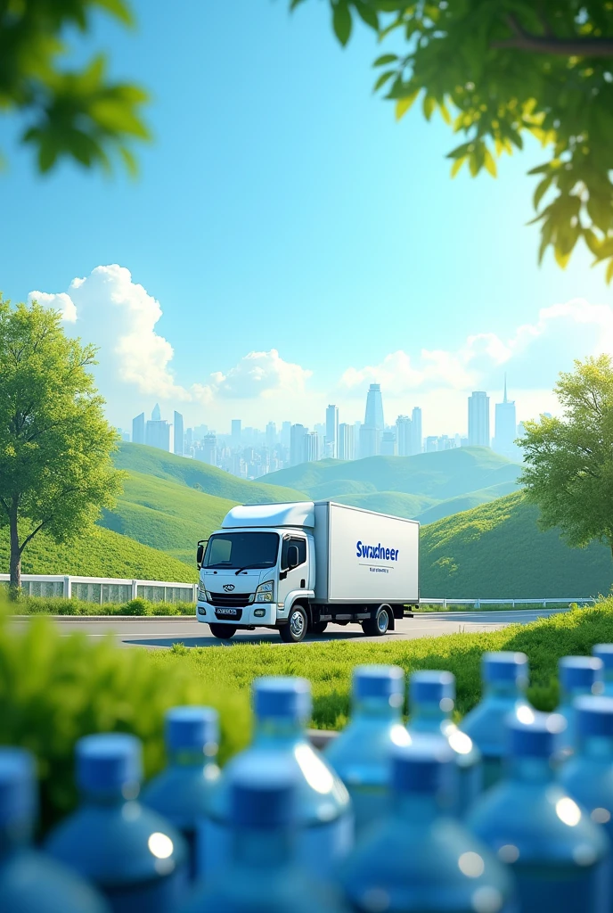 Create a full HD landscape image Pure, refreshing drinking water delivered at your doorstep with jar, bottles by delivery vehicle in metro city by easy mobile application– convenience in every drop with Swachneer mobile application