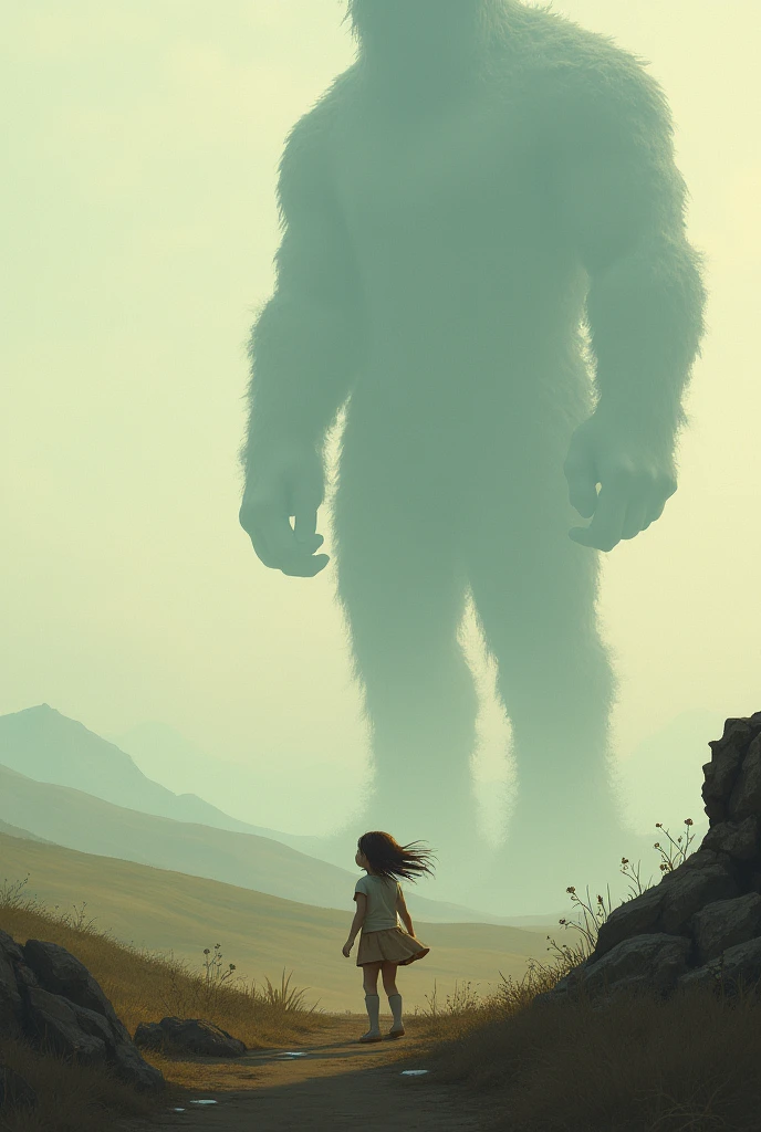 drawing of a girl watching giants from afar