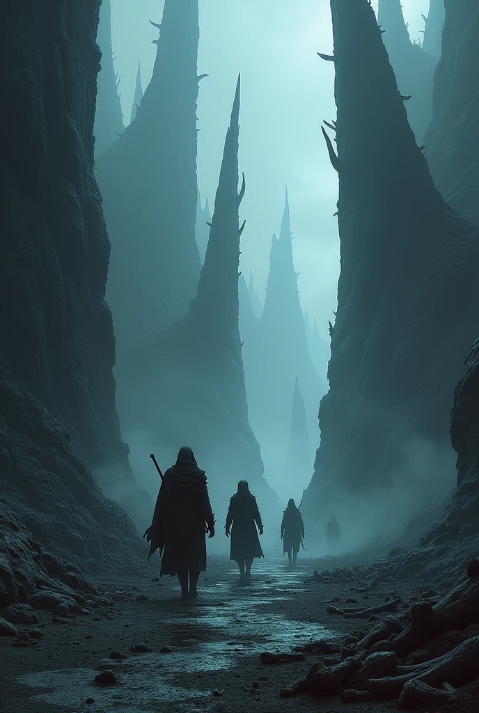 A dark landscape in spinal with adventurers discovering the realm of death