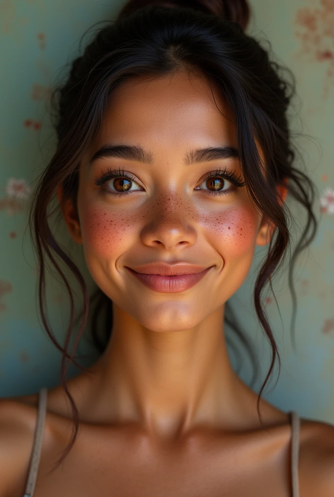 generates a photo of a Mexican woman with freckles and a round face