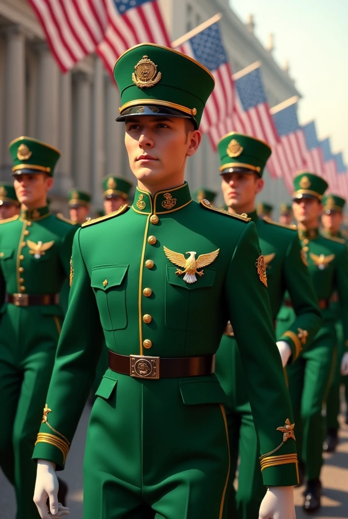 An American band in green uniforms with an eagle symbol on the right side of the chest