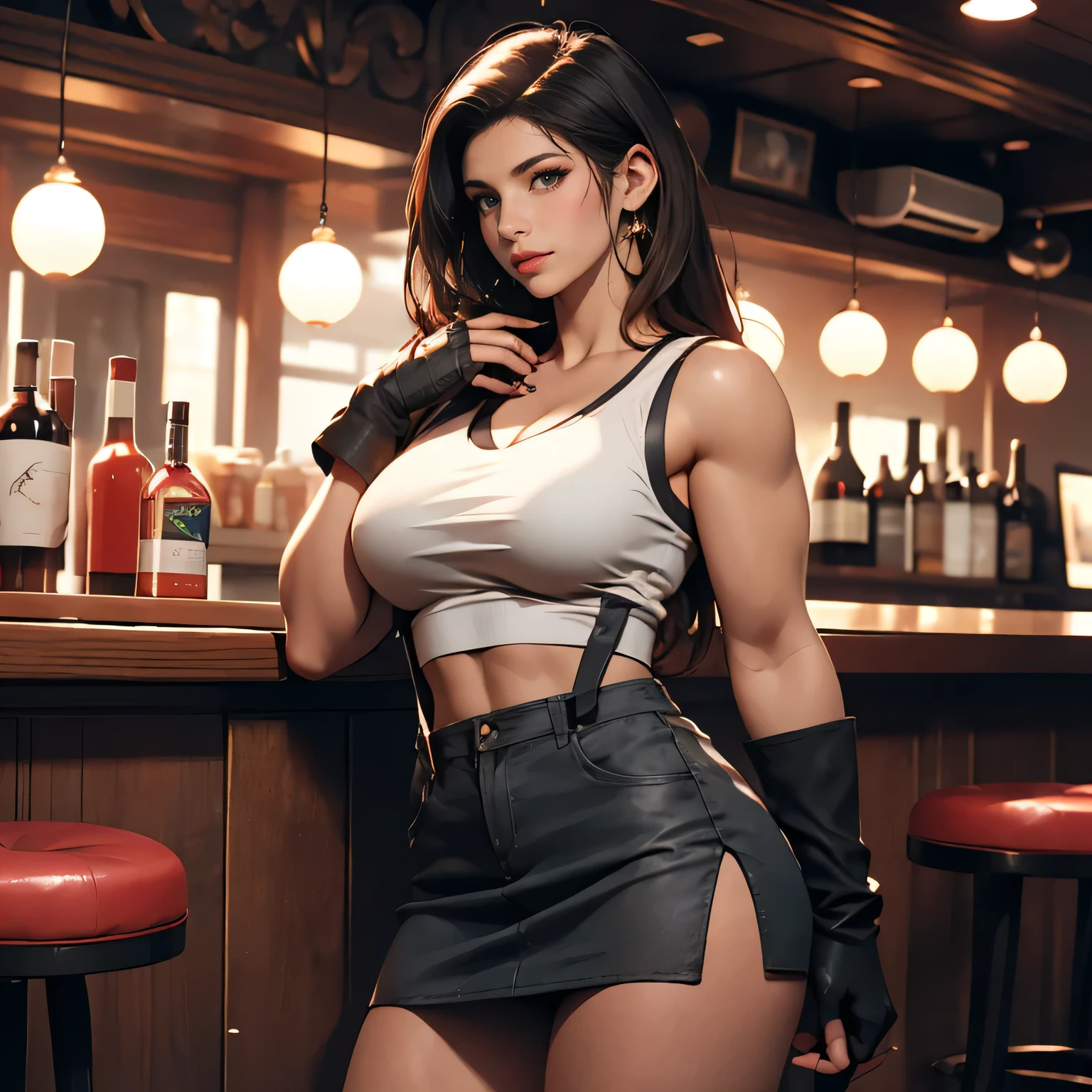 Pretty Caucasian (female), Sarah Shahi, a slim but muscular body, Final Fantasy VII, (nose blush), single elbow pad, ankle boots, black hair, black micro miniskirt, red boots, elbow gloves, elbow pads, fingerless gloves, taut shirt, sports bra, (suspender black microminiskirt), white tank top, top body is hyper realistic thick muscle and hyper busty largest breasts!! with the type of boobs_melons, black hair, full body, look at viewer, posing standing in bar, mouth, makeup, bokeh, best quality, masterpiece, highres, exposed bottom boobs, very very short skirt, ultra short skirt, super short skirt expodsing well beautifull thighs, detailed eyes, detailed body, detailed breast, detailed two hands n fingers, UHD, 1080P
