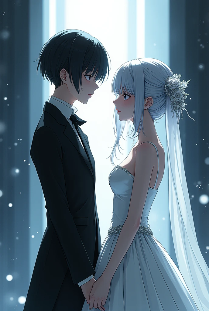 Sanakan and Cibo from Manga Blame! in a wedding dress), (sci-fi theme) suit black hair, dress striking silver hair, Futuristic atmosphere Emphasizes radiance pure atmosphere Intricate details of the outfit A soft but bright light shines from above. Intimate and romantic atmosphere Highly detailed, exceptionally detailed, cinematic quality, emotionally charged scenes.