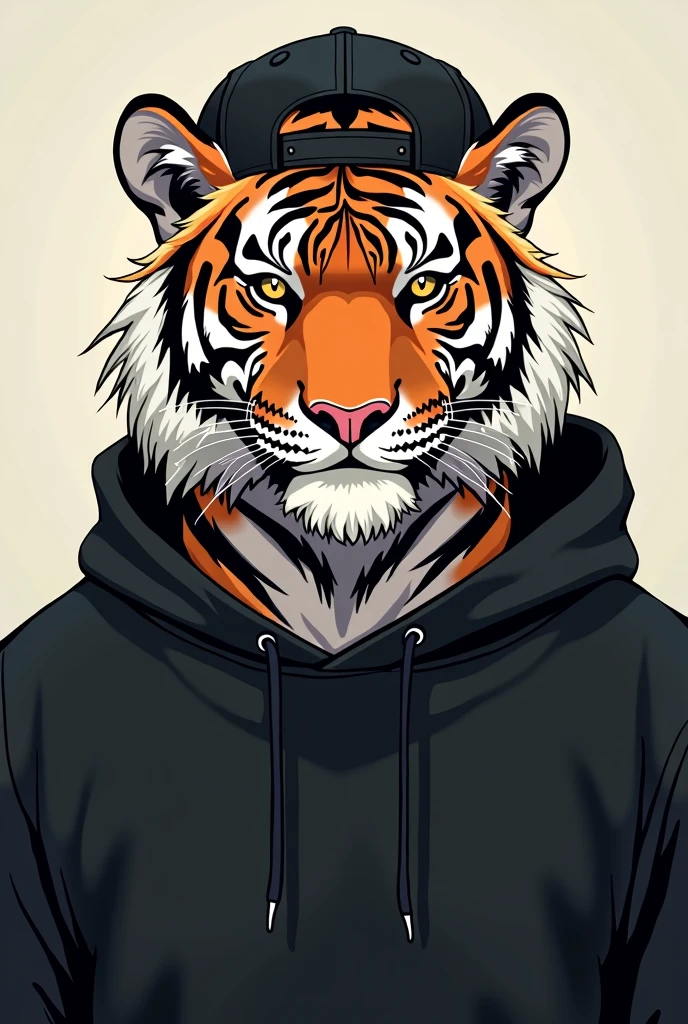 a cartoon tiger looking at the camera wearing a backwards black cap and a black sweatshirt, serious anime drawing, more adult, speaking