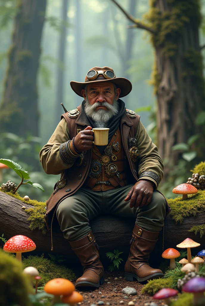 Steampunk style fisherman with coffee in the forest with mushrooms 