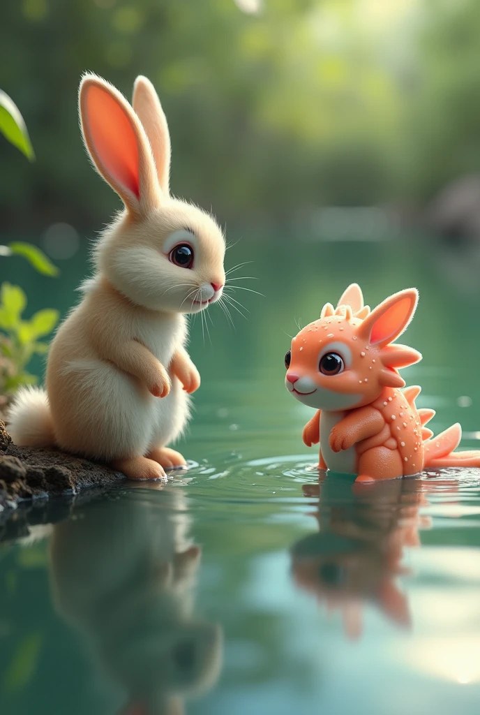 A rabbit talking to an axolotl at the water's edge