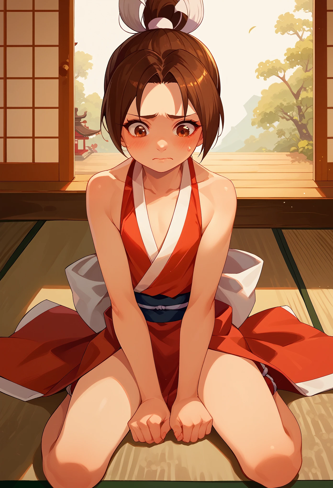 score_9, score_8_up, score_7_up, 1girl, solo, (li), kiflat chest, PonyShiranui, high ponytail, brown hair, brown eyes, japanese clothes, revealing clothes, sitting on ground, nervous, blushing, looking down, japanese shrine, AgeRegression, Oversized Clothes