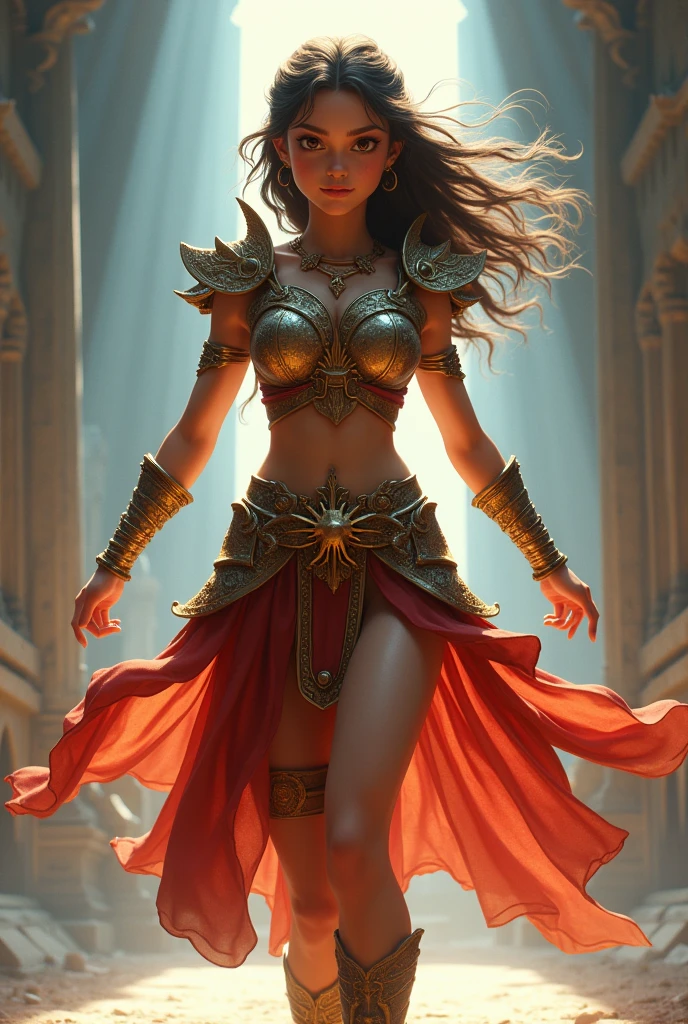 Animated girl in biblical warrior costume with armor in action dancing