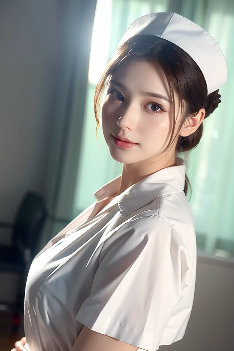 (Tabletop、Highest quality、8k、Award-winning works、Ultra-high resolution)、(one beautiful nurse:1.1)、(Perfect white nurse uniform:1.1)、(White Mask:1.1)、Accurate anatomy、(The background of the hospital room is strongly blurred:1.1)、very bright white lighting、(Face close-up:1.2)、Perfect beautiful makeup、Great cinema lighting、Tyndall effect、Elegantly upright、Topless、Nipples sticking out