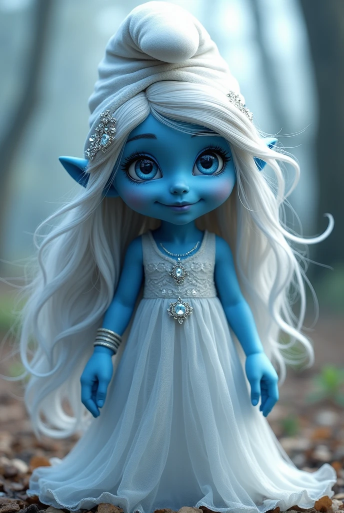A white-skinned smurf, very beautiful, crystal blue eyes, silver hair, straight and long, that will captivate anyone with its beauty