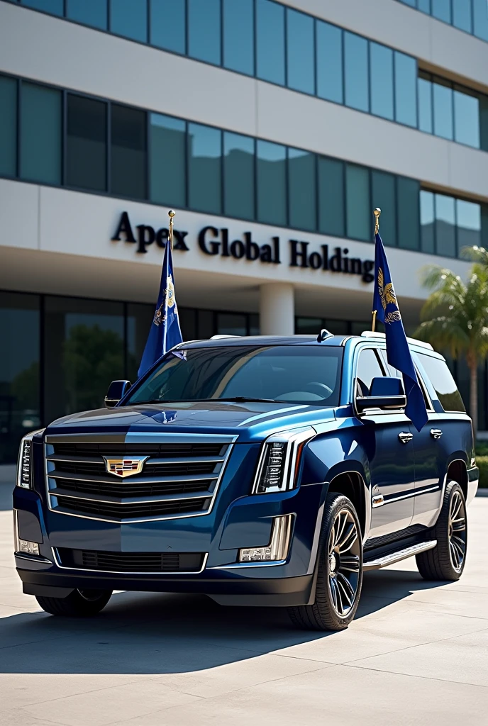 Cadillac escalade parked Infront of a building written Apex Global Holdings, there's a navy blue flag mounted on the right and left side of the vehicles bonet (where the engine is usually located)
