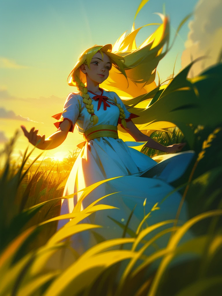 Semyon's POV, Slavya-chan from Endless Summer, holds his hand, leading him through green fields into endless summer. She is sweet and kind, with a bright smile on her face and long blonde hair loose in the wind. Slavya is dressed in a traditional Slavic dress that sways beautifully. The focus is on their hands joined in a friendly gesture, with photorealistic details: sun rays playing on her hair and the bright colors of nature all around. Use HDR to enhance brightness and contrast, creating a joyful and carefree atmosphere