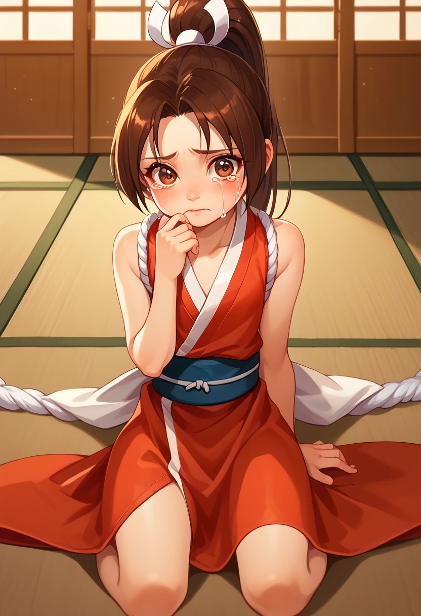 score_9, score_8_up, score_7_up, 1girl, solo, (li), kiflat chest, PonyShiranui, high ponytail, brown hair, brown eyes, japanese clothes, revealing clothes, sitting on ground, crying, hand on eye,nervous, blushing, looking at you, japanese shrine, AgeRegression, Oversized Clothes