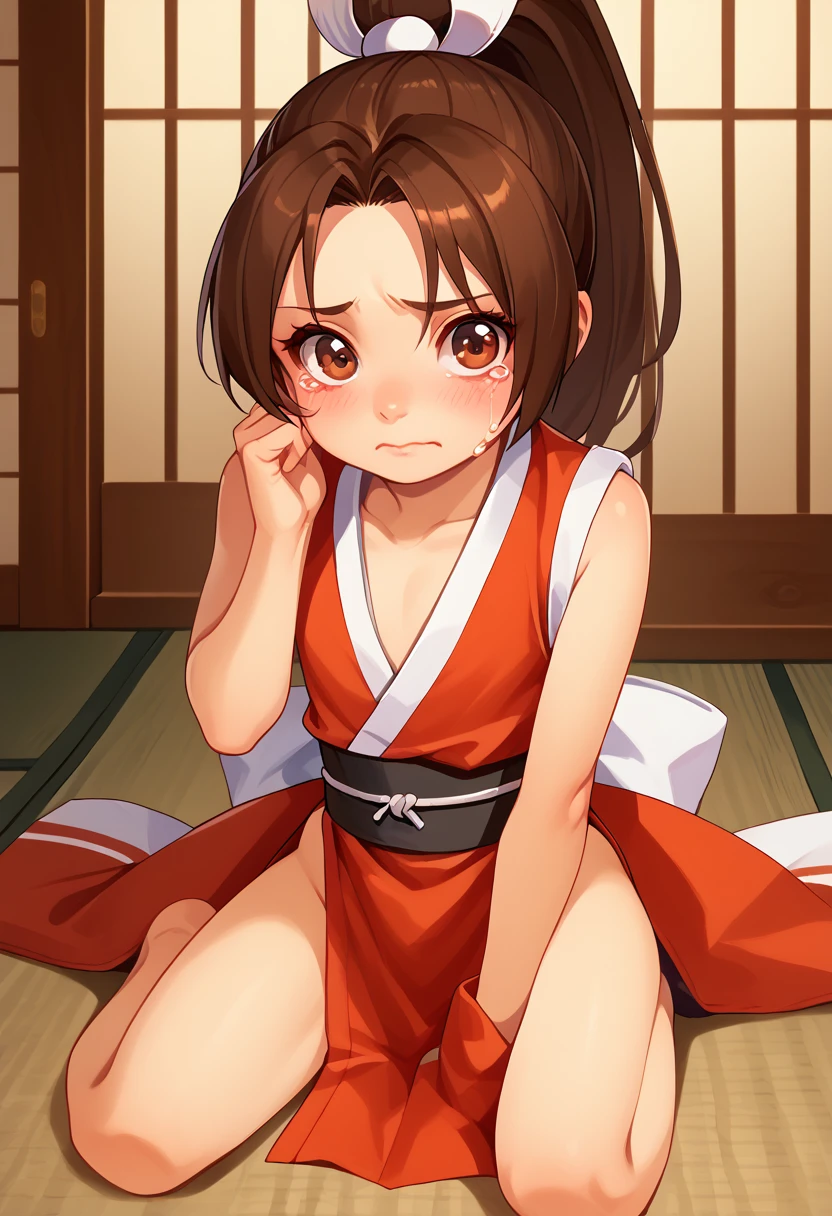 score_9, score_8_up, score_7_up, 1girl, solo, (li), kiflat chest, PonyShiranui, high ponytail, brown hair, brown eyes, japanese clothes, revealing clothes, sitting on ground, crying, hand on eye,nervous, blushing, looking at you, japanese shrine, AgeRegression, Oversized Clothes