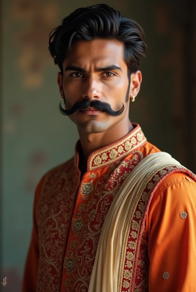 A young man with a mustache, Age 20 ,I look like Bruce Wayne from the Batman movie., Wear Indian clothing such as a kurta.