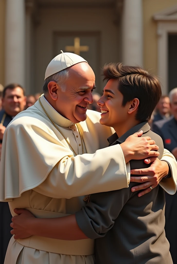 Pope Francis hugging a teenager in the Vatican, waving at the camera, Realistic style