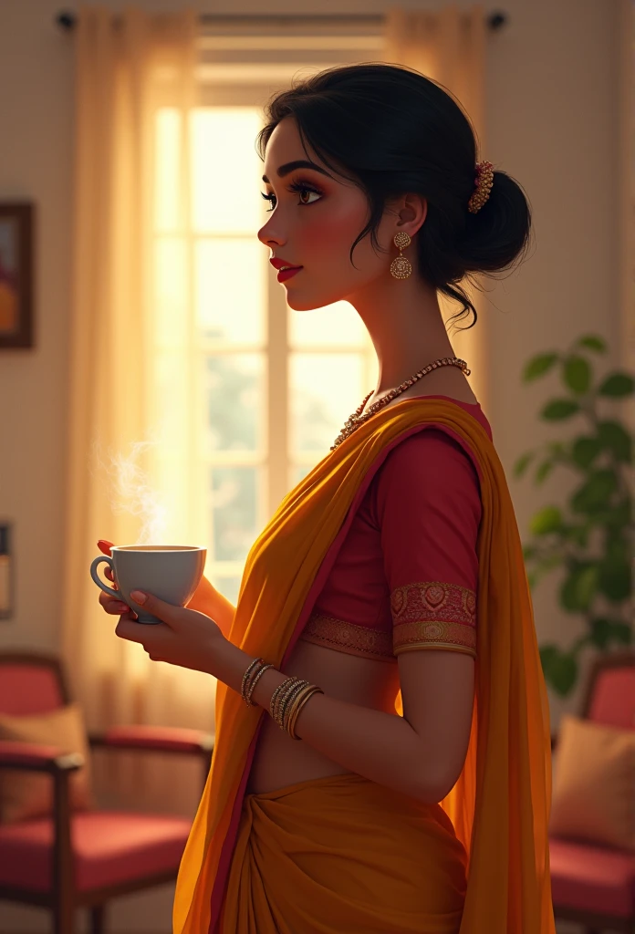 "A young Indian woman, dressed in a traditional Indian outfit, enters a cozy, warmly lit room. She holds a cup of steaming tea in one hand, and her calm, thoughtful expression reflects a moment of quiet reflection. Her hair is neatly tied back, and she wears light jewelry that complements her outfit. The room has a comfortable, homely feel, with soft lighting and simple furniture. A window in the background lets in gentle daylight, adding a peaceful atmosphere to the scene."