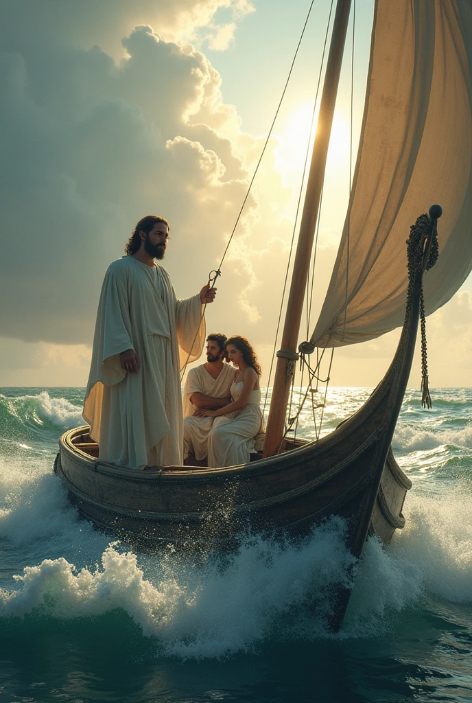 jesus、pool、pool、pool、crossing the sea, jesus na proa do barco segura o timão, with a newlywed couple at the stern inside the boat, best qualityer