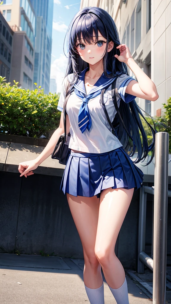 A school girl wearing blue short skirt and shorts long hair 
