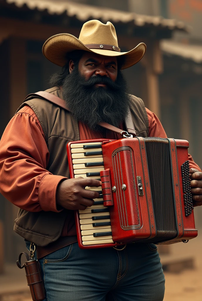 A fat dark-skinned man in a cowboy hat with a beard and mustache playing a red button accordion