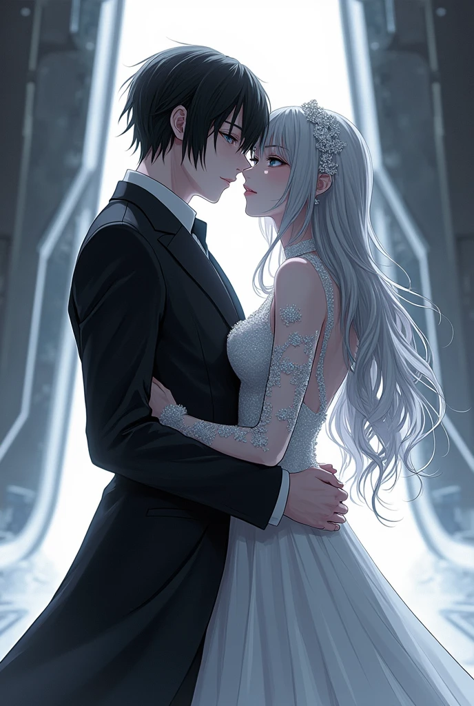 Sanakan and Cibo from Manga Blame! in a wedding dress), (sci-fi theme) suit black hair, dress striking silver hair, Futuristic atmosphere Emphasizes radiance pure atmosphere Intricate details of the outfit A soft but bright light shines from above. Intimate and romantic atmosphere Highly detailed, exceptionally detailed, cinematic quality, emotionally charged scenes.