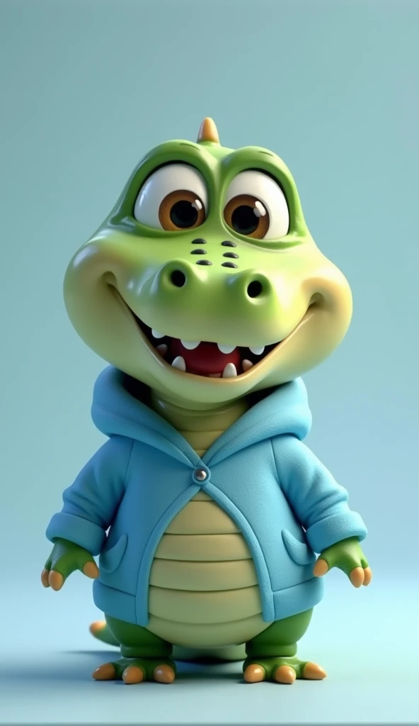 Perfect centering, Looking at the camera, a close up 2/3 of a cartoon baby crocodile wearing a blue hoodie, full body, happy, 3 d animation demo reel, 3d animation, 3 d animation, 3 d animated movie, 3d animated, 3 d animated, tv commercial, clay animation, cgi animation, cute! c4d, cute 3 d render, pixar 3 d animation style, 4 k, 3 d cartoon
