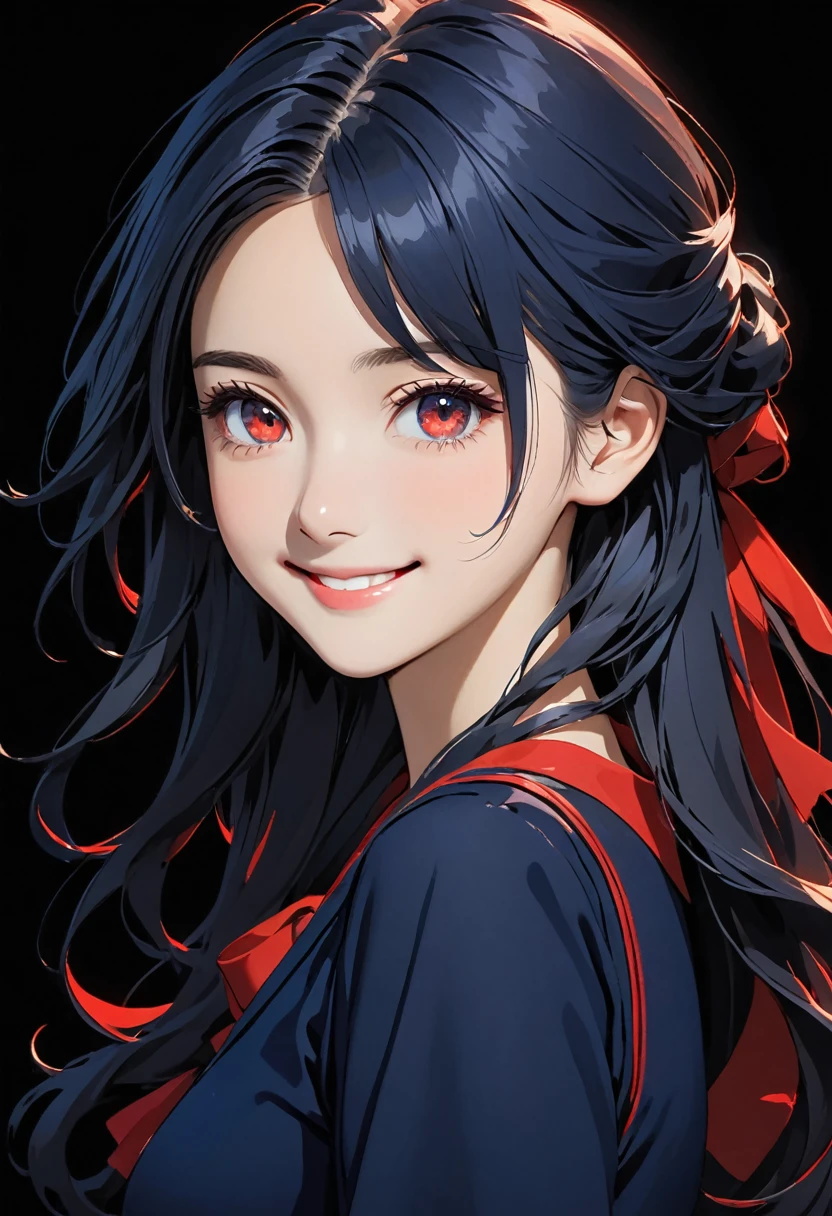 Girl in Navy blue dress, with beautiful eyes and face, single girl, alone, Navy blue hair, looking at viewer, black background, , long hair, , simple background, upper body, long sleeve, smile, red eyes,
