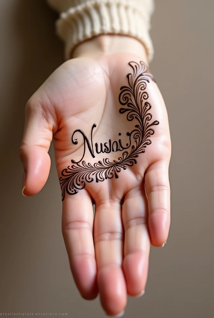 Henna design with name nushi in palm