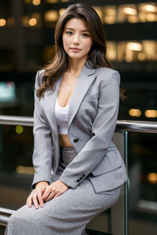 (Grey blazer)、Business Blouse、(Grey long skirt:1.3)、((Full Body Portrait))、silk pantyhose、Sitting、(Both legs and high heels look beautiful.)、1 girl、Perfect Anatomy, Perfect body, Perfect hands, Perfect Face, Perfect Eyes, Accurate, Anatomically correct, Perfectly clear and sharp focus、Large Breasts、Modern architecture at night on the background、Professional Lighting、((Highest quality、Ultra-high resolution、masterpiece))
