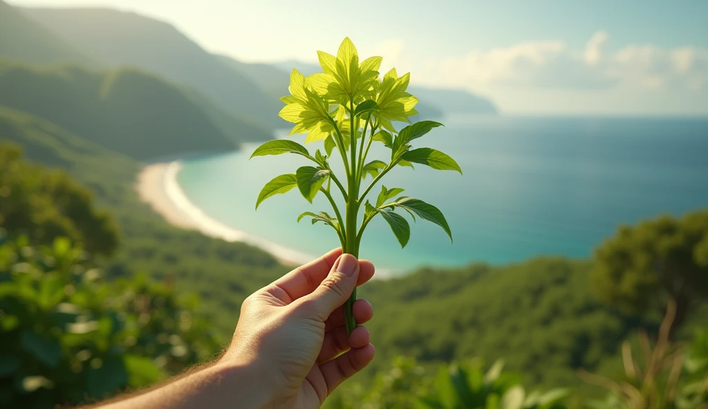 A hand picking a plant that looks like a leek but has green flowers(best quality,4K,8k,High level,masterpiece:1.2),Ultra Detailed,(lifelike,Photo real,Photo real:1.37),Realistic lighting,虚幻引擎4K壁纸,Summer Unreal Engine 5, Beautiful landscape rendering, Mountains and Oceans, Rendered in 8k Unreal Engine,,The most beautiful scenery,Epic shock