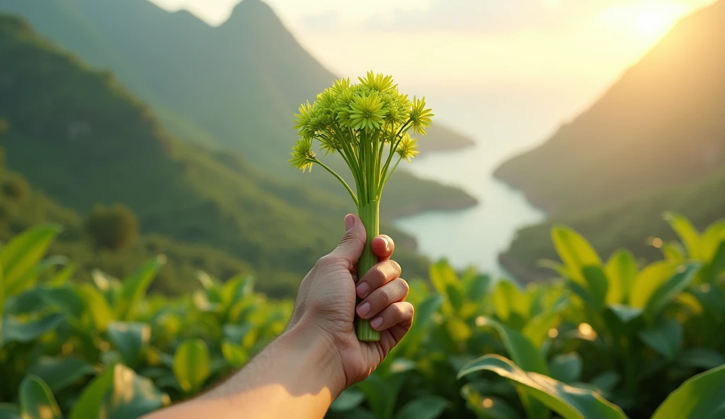A hand picking a plant that looks like a leek but has green flowers(best quality,4K,8k,High level,masterpiece:1.2),Ultra Detailed,(lifelike,Photo real,Photo real:1.37),Realistic lighting,虚幻引擎4K壁纸,Summer Unreal Engine 5, Beautiful landscape rendering, Mountains and Oceans, Rendered in 8k Unreal Engine,,The most beautiful scenery,Epic shock