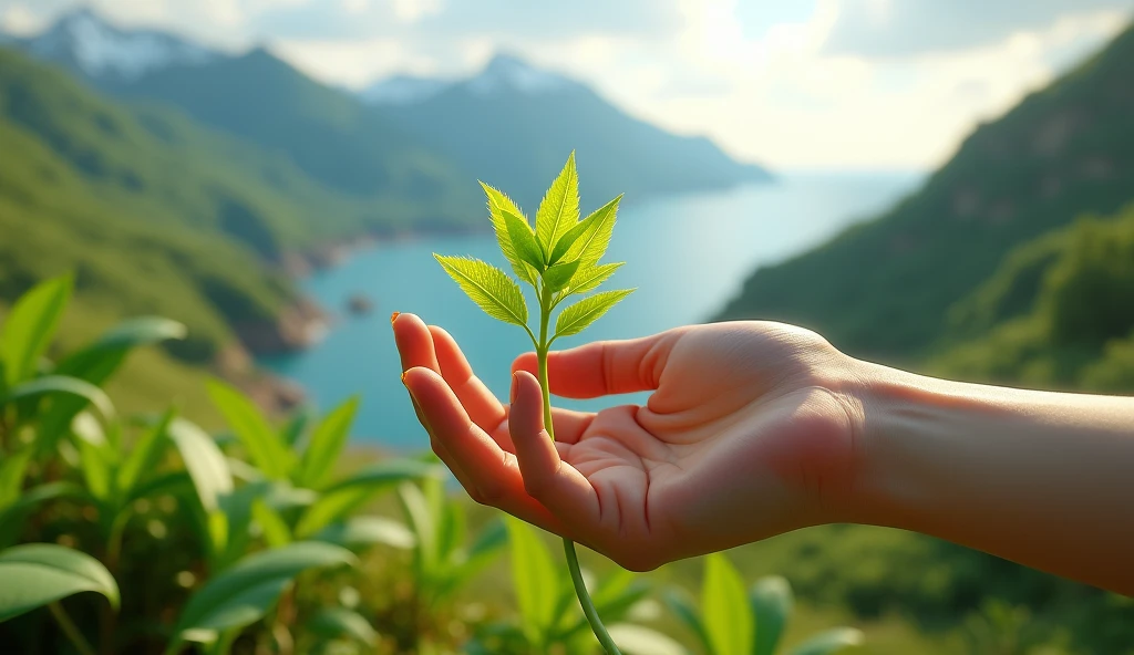 A hand picking a plant that looks like a leek but has green flowers（best quality，4K，8k，High level，masterpiece：1.2），Ultra Detailed，（lifelike，Photo real，Photo real：1.37），Realistic lighting，虚幻引擎4K壁纸，Summer Unreal Engine 5, Beautiful landscape rendering, Mountains and Oceans, Rendered in 8k Unreal Engine,，The most beautiful scenery，Epic shock