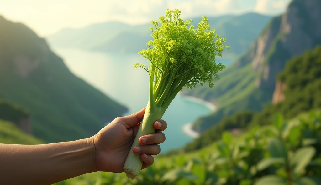 A hand picking a plant that looks like a leek but has green flowers（best quality，4K，8k，High level，masterpiece：1.2），Ultra Detailed，（lifelike，Photo real，Photo real：1.37），Realistic lighting，虚幻引擎4K壁纸，Summer Unreal Engine 5, Beautiful landscape rendering, Mountains and Oceans, Rendered in 8k Unreal Engine,，The most beautiful scenery，Epic shock
