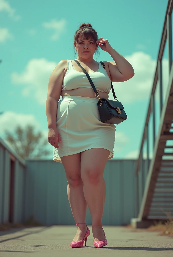 vintage photography of a overweight man as a ((terminal trickster)) with ((curtain bangs haircut)) wearing (vintage clothes),dressed in white crop top,high-waisted skirt,textured pink heels,black shoulder bag,metal staircase,blue hues,outdoor location,clear sky,hand on head,standing straight,slight twist,confident stance,centered subject,shallow depth of field,natural light,in a dreamlike world where anything is possible and the impossible is real,volumetric lighting,(birds eye view:1.3),shot on Pentax 645Z with Pentax-D FA 645 55mm f-2.8,photo by Harry Callahan 