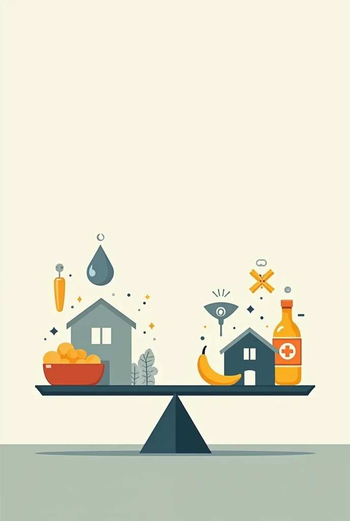 create conceptual scale image with symbols of basic needs distributed unevenly