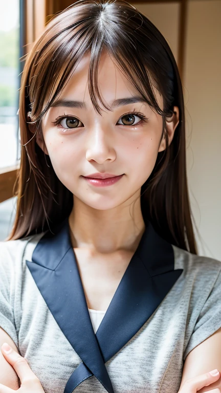(Beautiful Japanese Women), Cute Face, (Deeply chiseled face:0.7), (freckles:0.6), Soft Light,Healthy white skin, shy, (Serious face), (Sparkling eyes), thin, smile, uniform