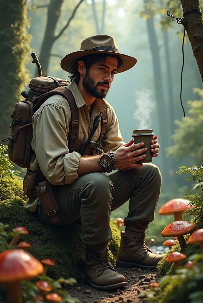 Young Fisherman with Coffee in the Forest with Mushrooms in Steampunk Style