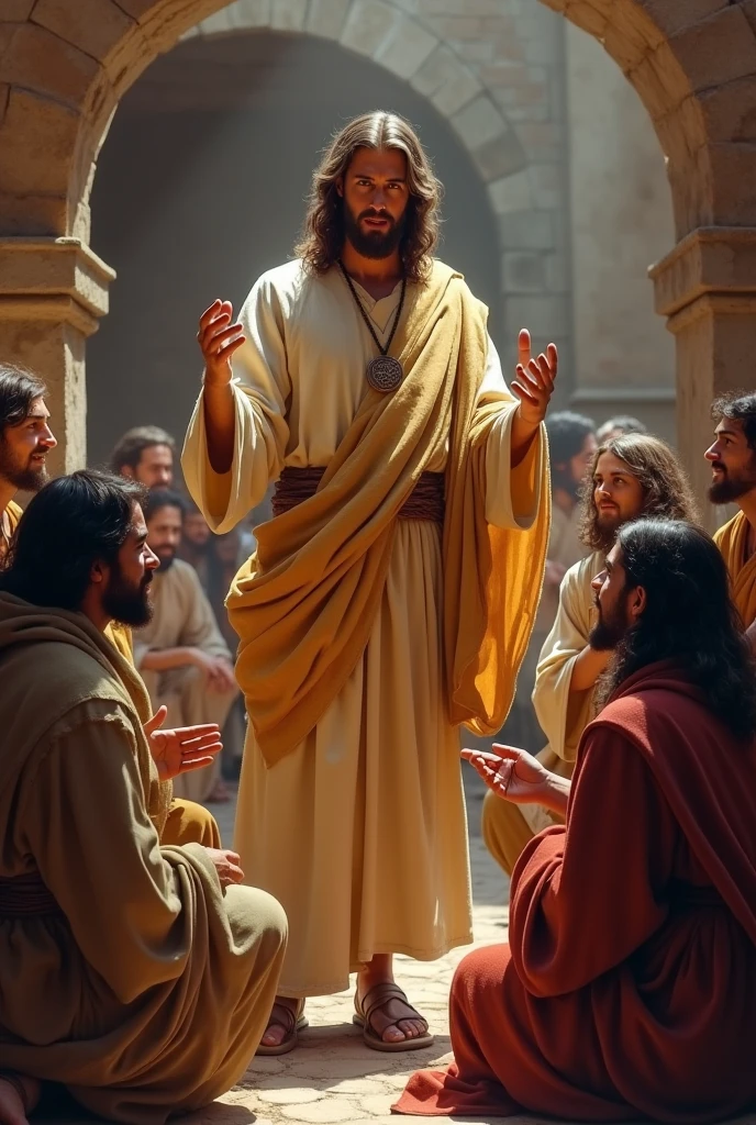 Create a dynamic image of Jesus preaching to a small group of followers in a more intimate setting. Show Jesus actively engaged in teaching, perhaps with His hands raised or gesturing as He speaks. The followers should be depicted with attentive and respectful expressions, seated or standing close to Him. The background can be a simple, rustic setting, such as a courtyard or a small gathering space, with subtle, warm lighting to create a sense of closeness and connection. The overall mood should convey the importance of personal interaction and the heartfelt delivery of His message.