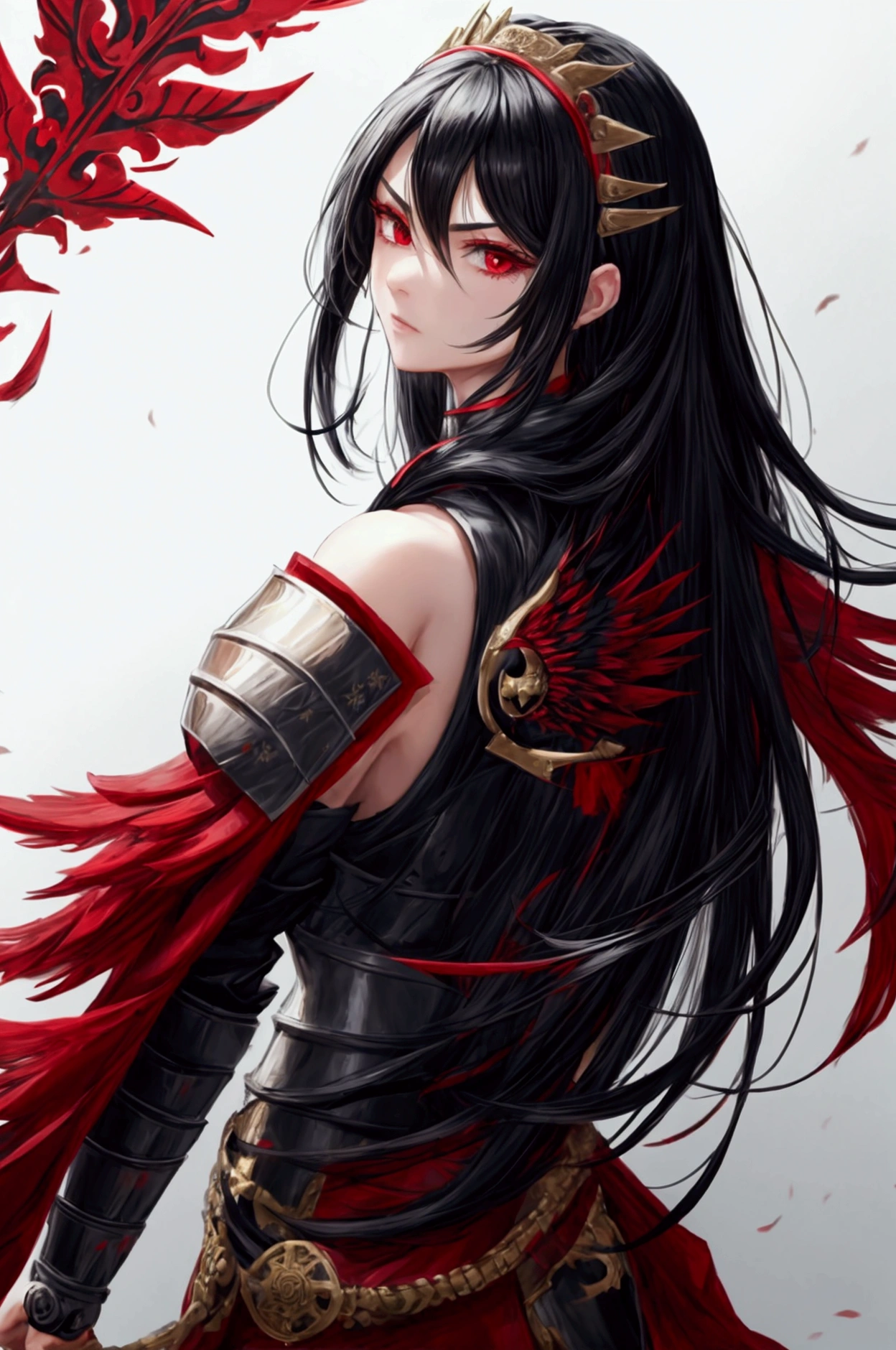 Warrior with black hair and three red crests