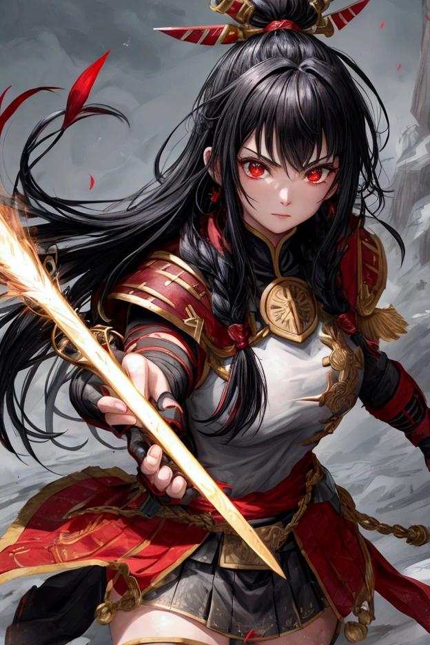Warrior with black hair and three red crests